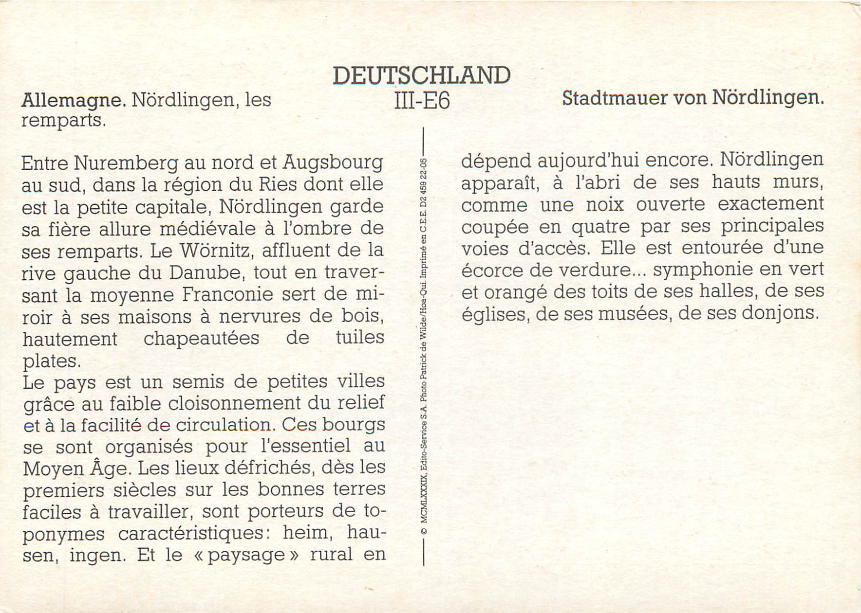 CPM Deutschland Allemagne Nordlingen les remparts  — Verso