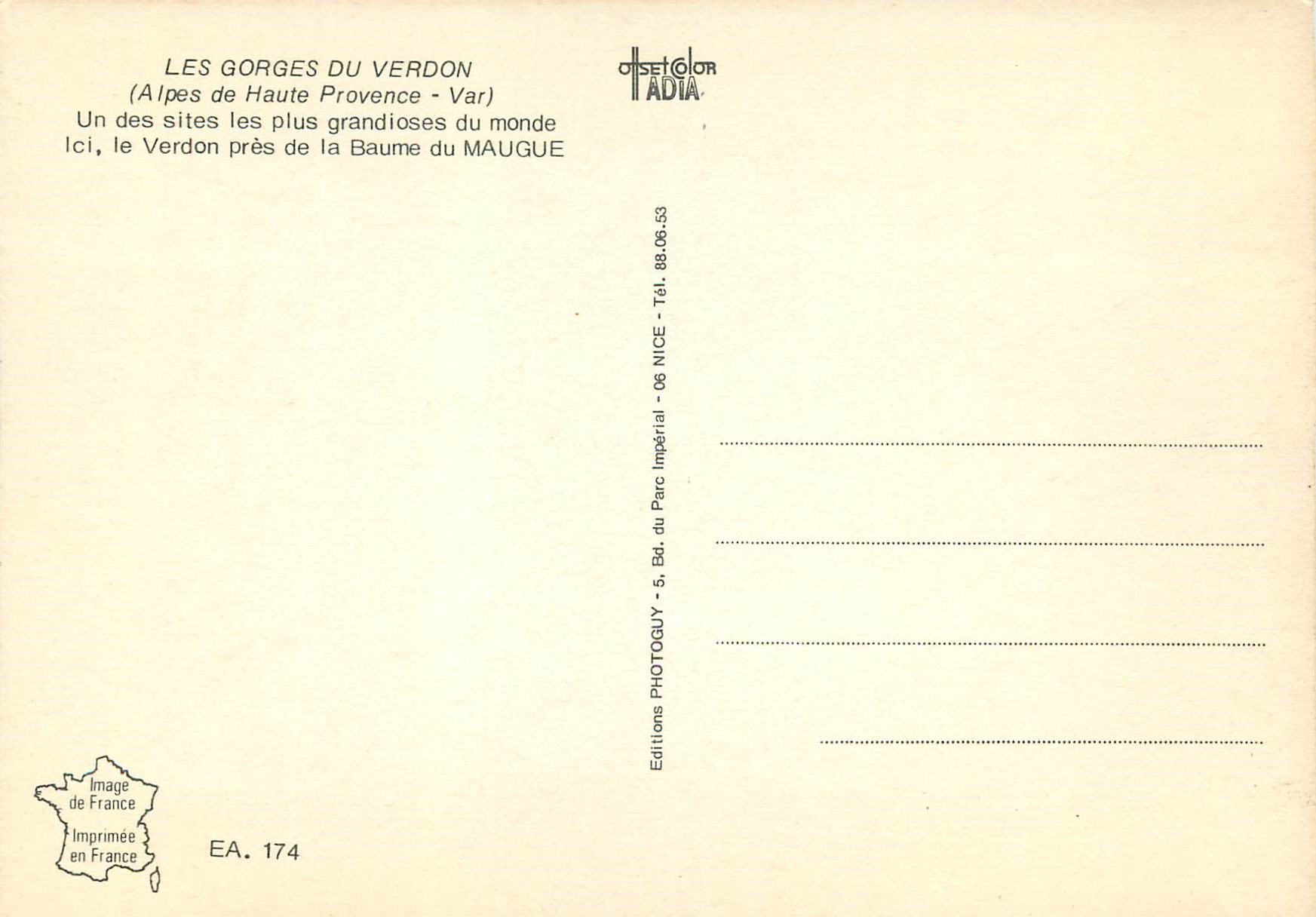 CPM Les Gorges du Verdon Alpes de Haute Provence Var  — Verso
