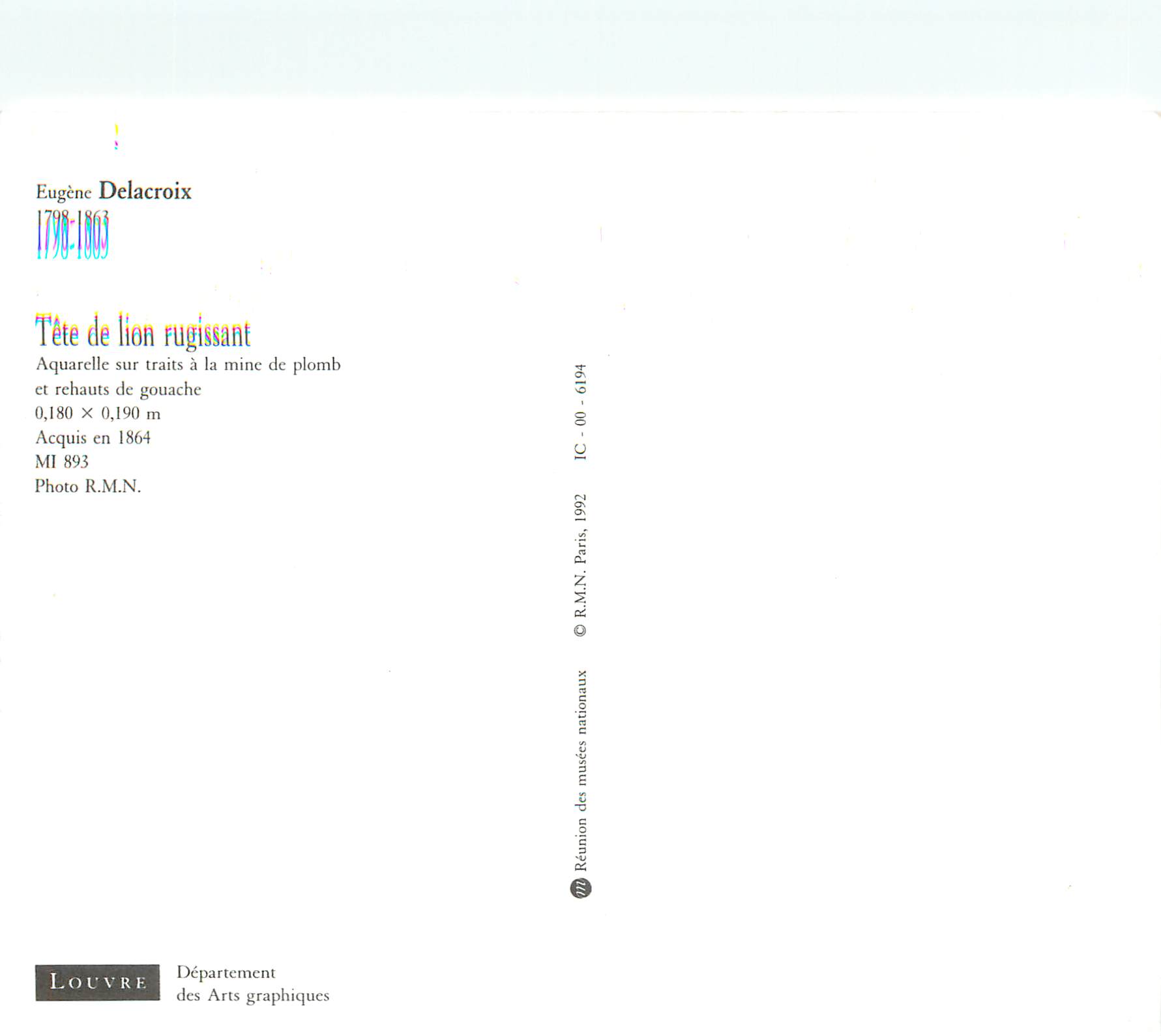 CPM Eugene Delacroix Tete de Lion rugissant Aquarelle sur traits a la mine de plomb  — Rückseite