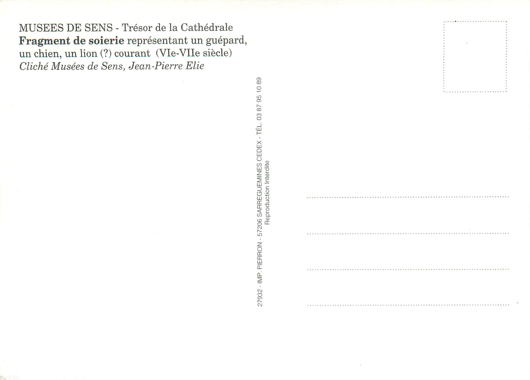 Fragment de soierie représentant un guépard, un chien, un lion (?) courant — Musées de Sens — Jean-Pierre Elie — Verso