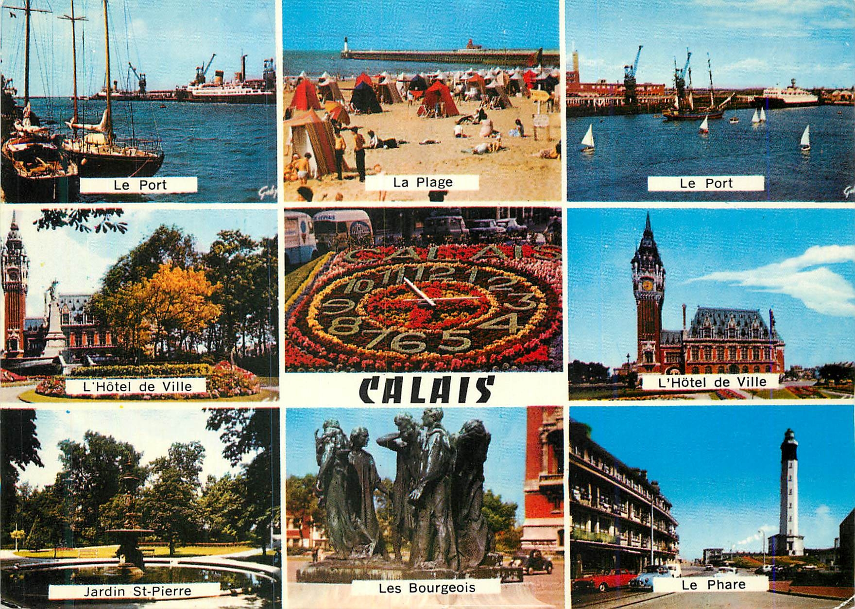 CPM Calais Pas de Calais Le port La plage L'hotel de ville Le phare Jardin St Pierre