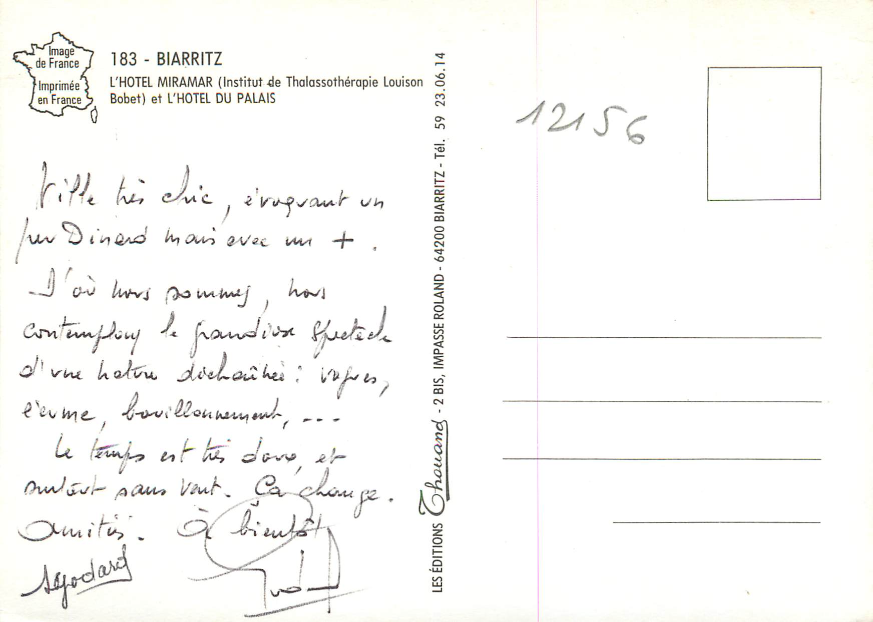CPM Biarritz L Hotel Miramar et l Hotel du Palais  — Verso