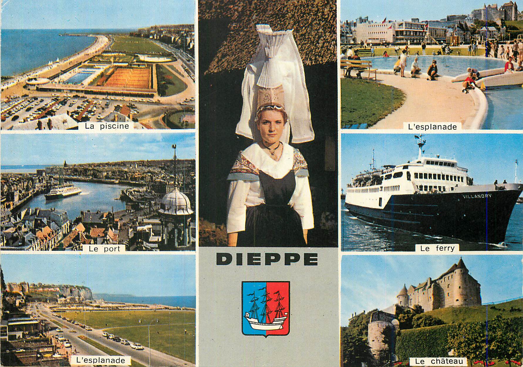 CPM Dieppe Seine Maritime La piscine L'esplanade Le port Le ferry Le château L'esplanade