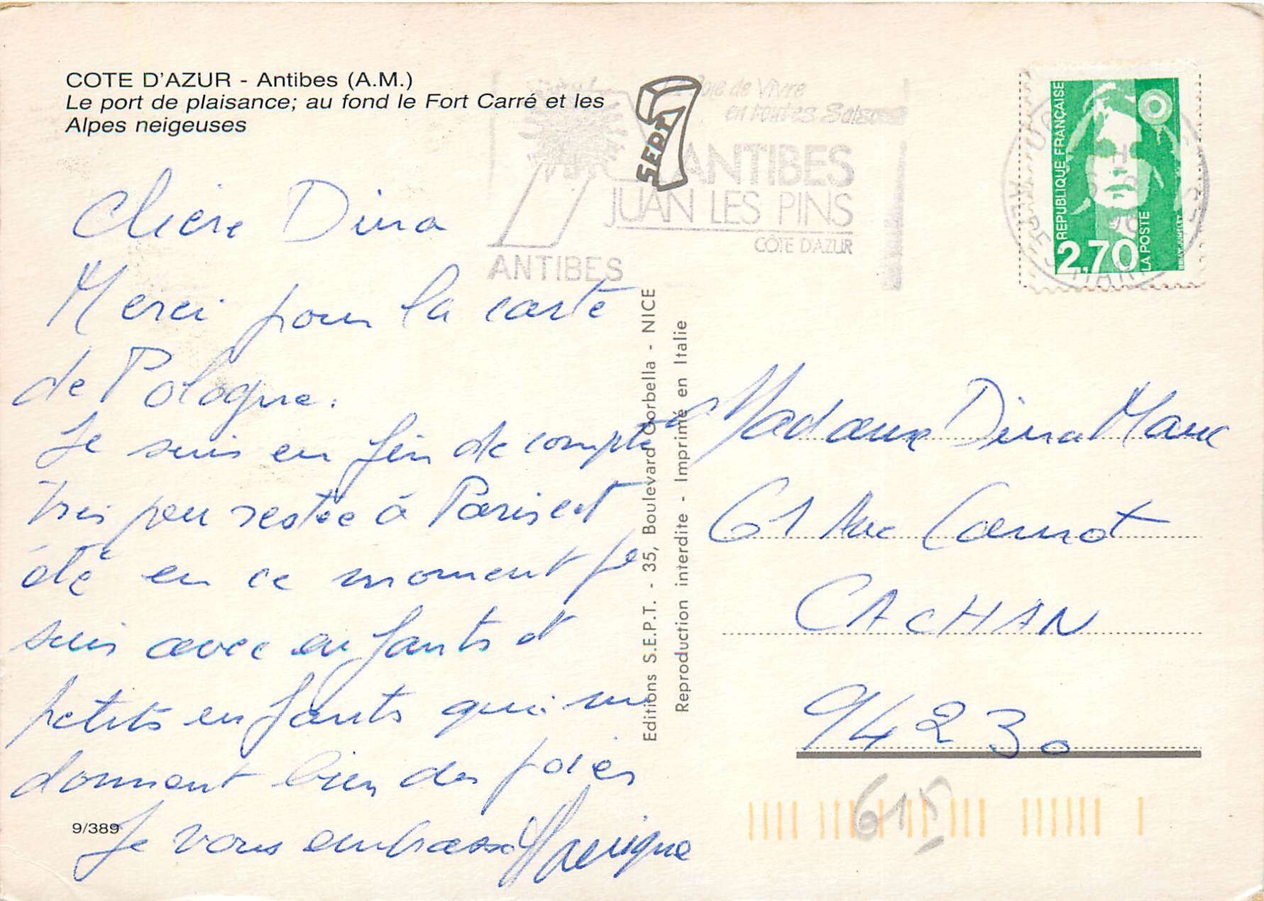 Antibes — Port de plaisance avec le Fort Carré et les Alpes neigeuses — Éditions S.E.P.T. n°9/389 — Verso