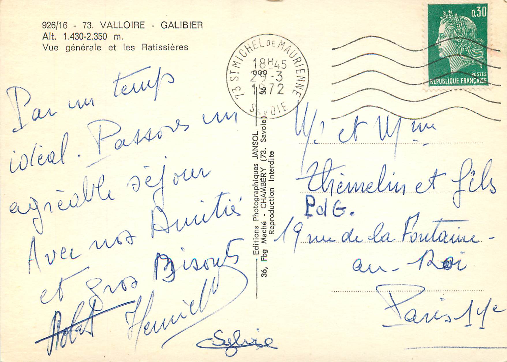 CPM Valloire Galibier Vue generale et les Rattisieres  — Rückseite