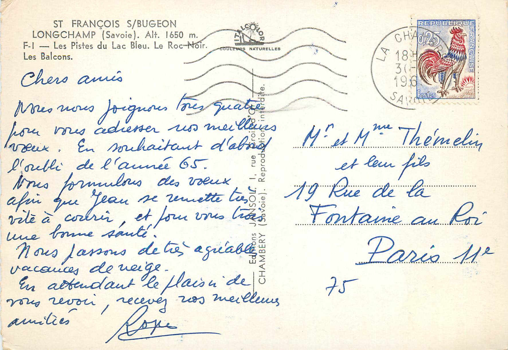 CPM St Francois S Bugeon Longchamp Savoie Les Pistes du Lac Bleu Le Roc Noir Les Balcons  — Rückseite