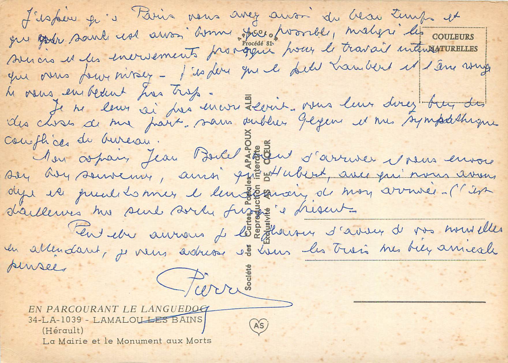 CPM Lamalou les Bains Herault La Mairie et le Monument aux Morts  — Back