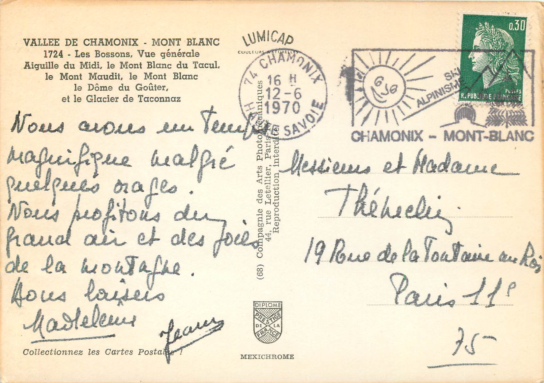 CPM Vallee de Chamonix Mont Blanc Les Bossons Vue generale Aiguille du Midi le Mont Blanc du Tacul  — Rückseite