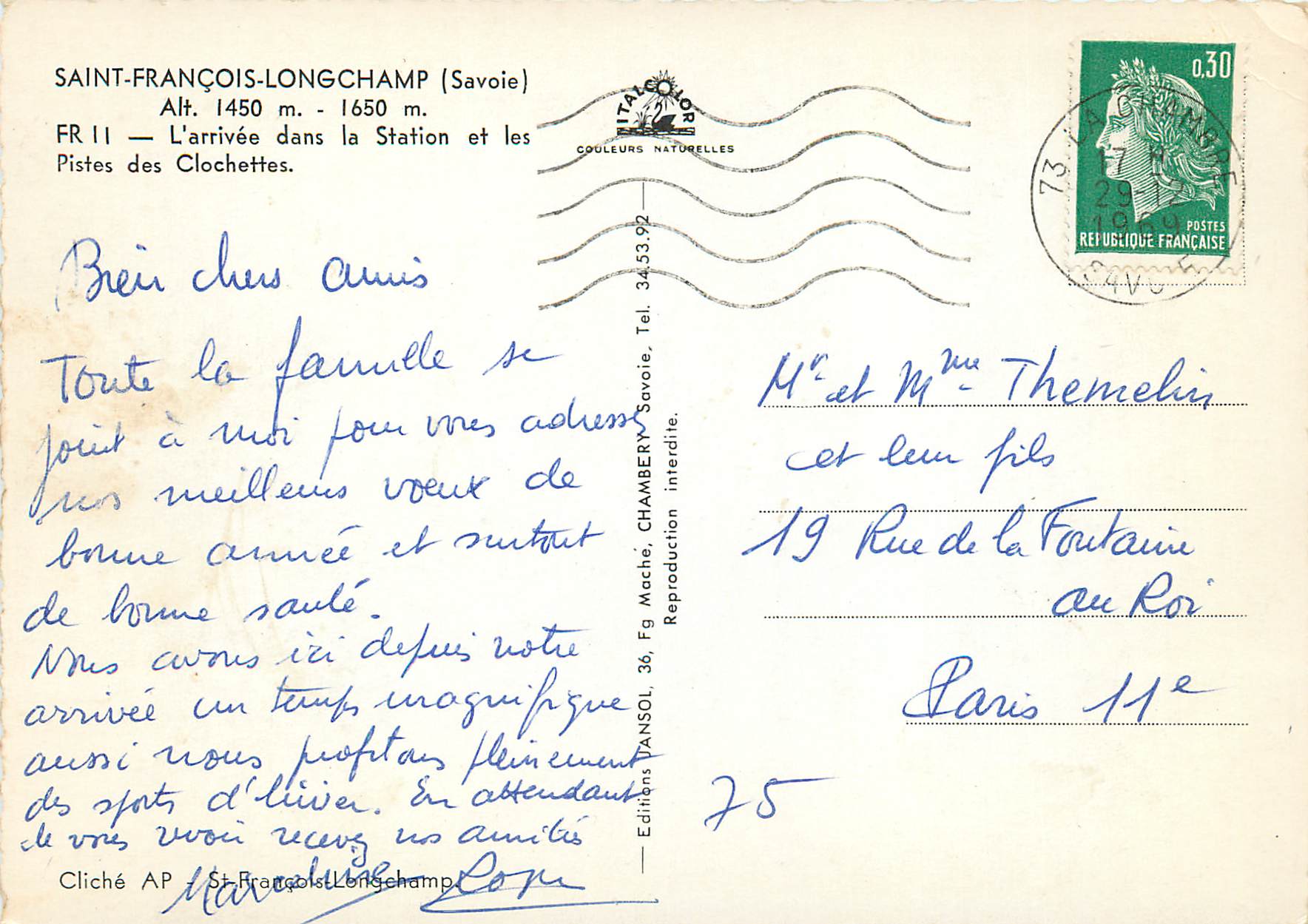 CPM Saint Francois Longchamp Savoie L arrivee dans la Station et les Pistes des Clochettes  — Rückseite