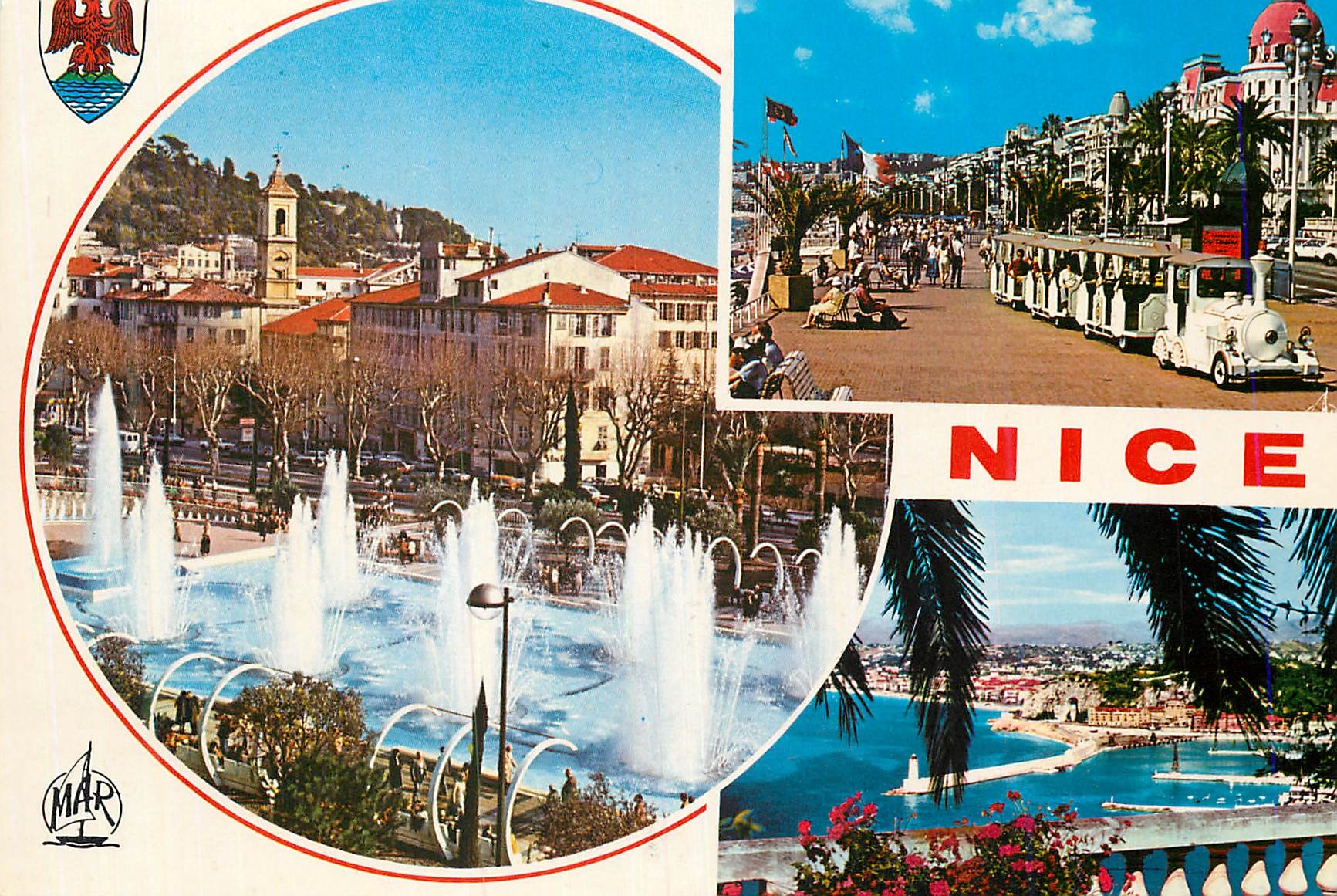 CPM Nice Le jardin de l Esplanade du Paillon La Promenade des Anglais L Entree du Port Train