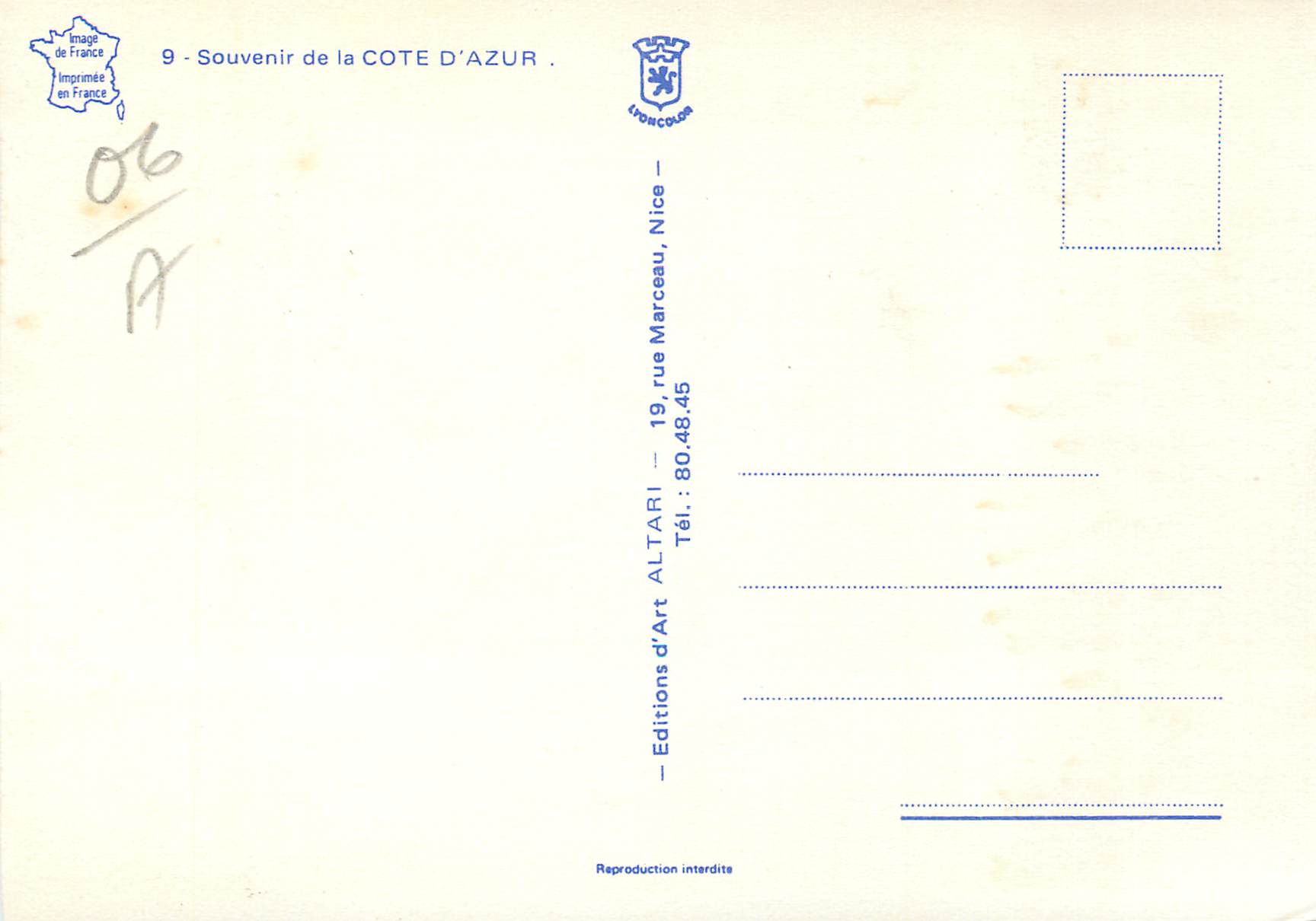 CPM Souvenir de la Cote d Azur Palais de Monaco Menton Nice Antibes Juan les Pins Vence Cannes L Esterel  — Rückseite