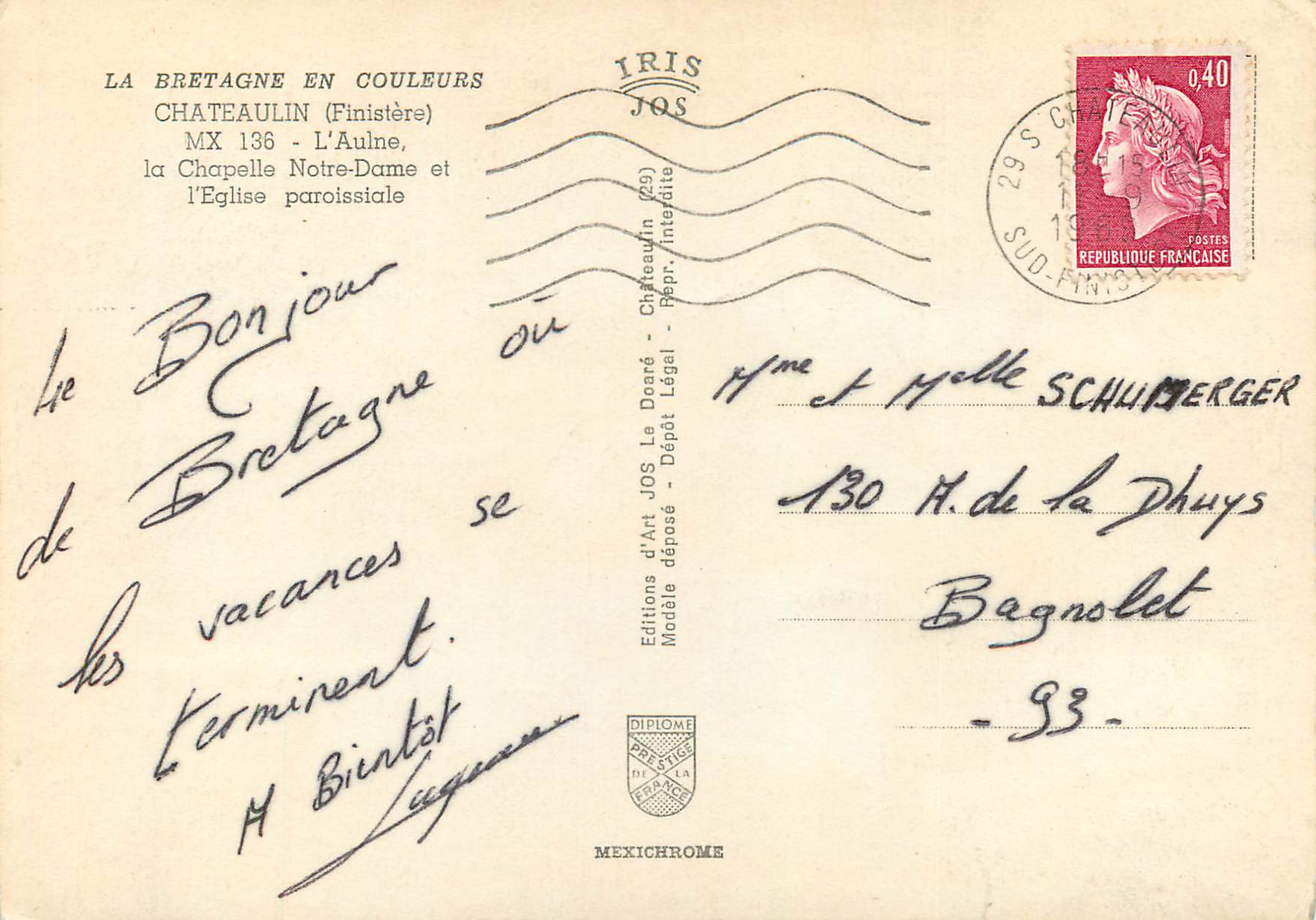CPM Chateaulin Finistere L Aulne la Chapelle Notre Dame et l Eglise paroissiale  — Rückseite