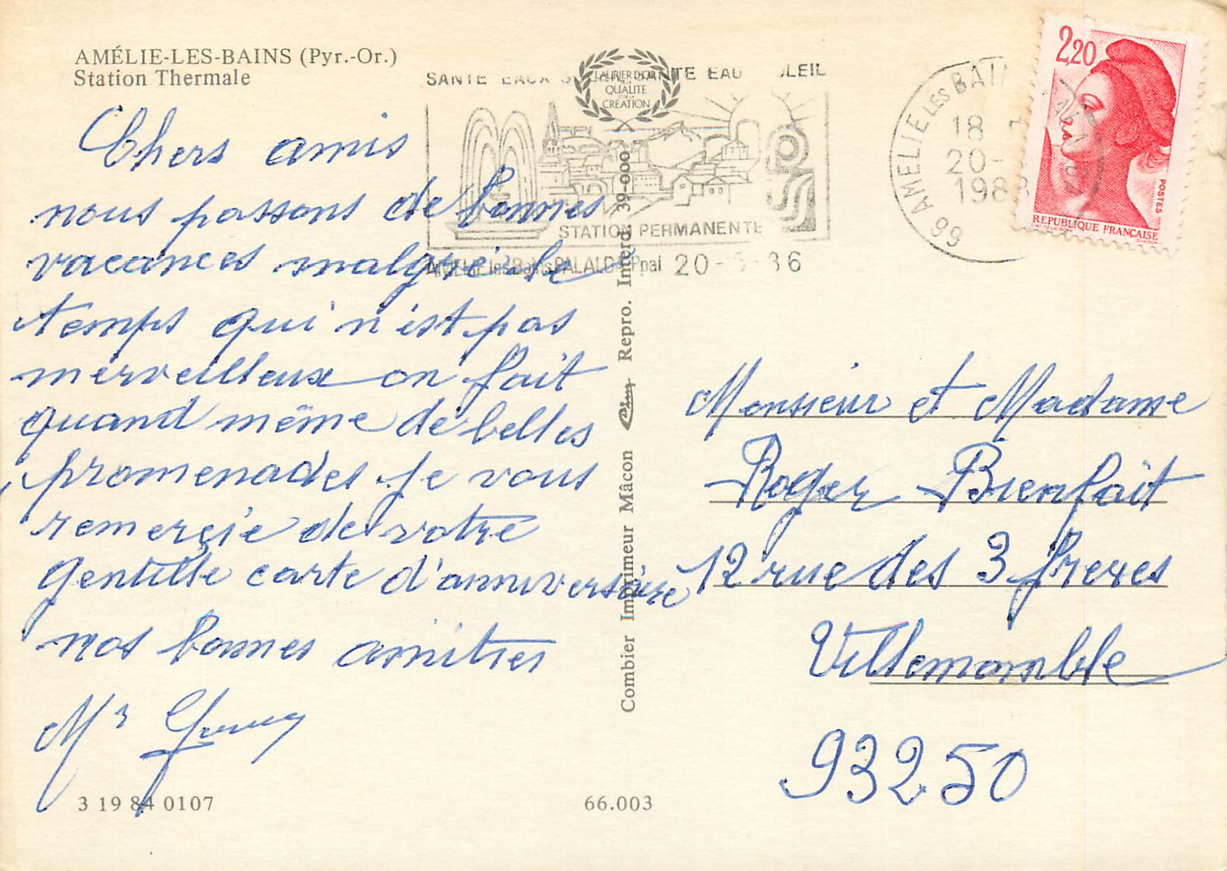 CPM Amelie les Bains Pyr Or Station Thermale  — Rückseite