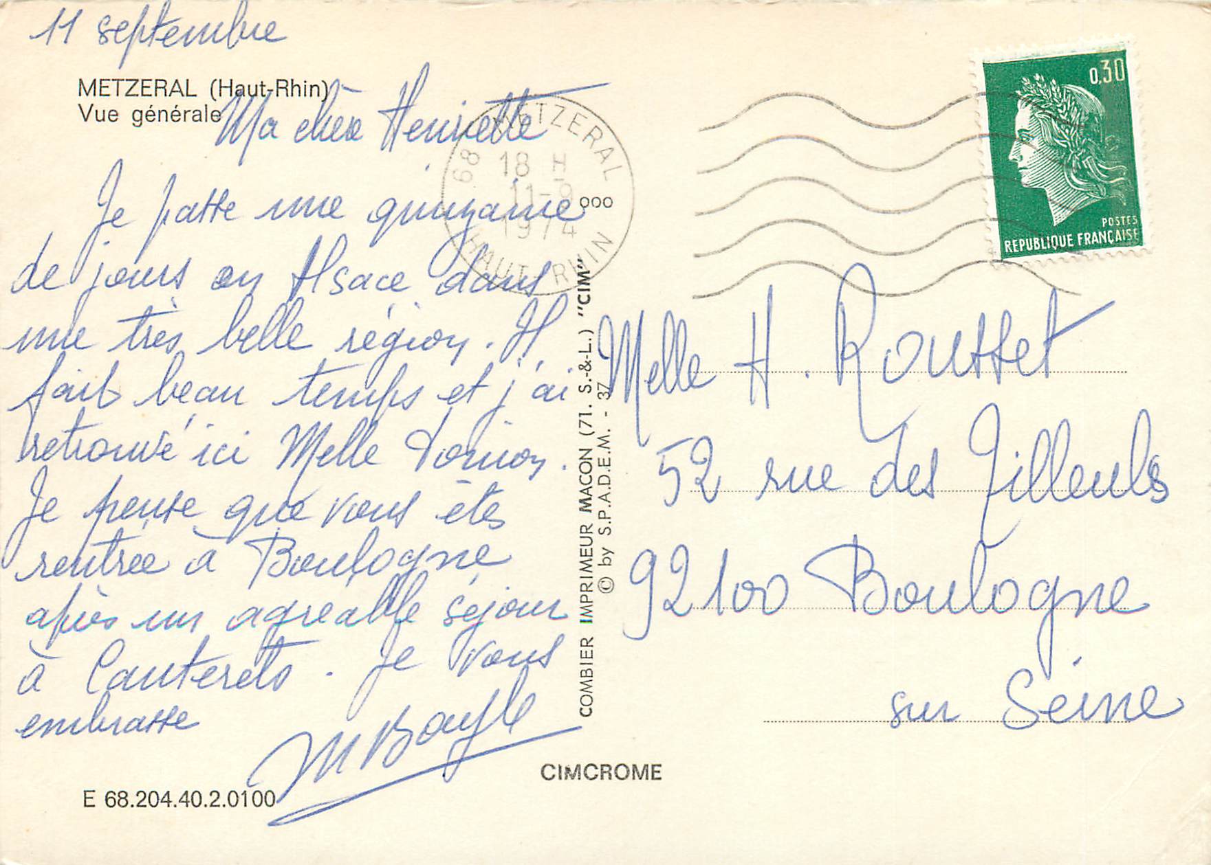 CPM Metzeral Haut Rhin Vue generale  — Rückseite