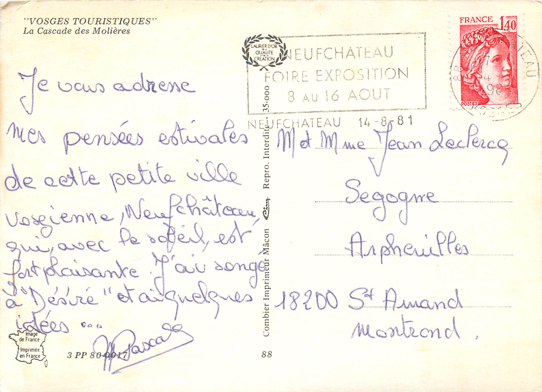 CPM Vosges Touristiques La Cascade des Molieres  — Verso