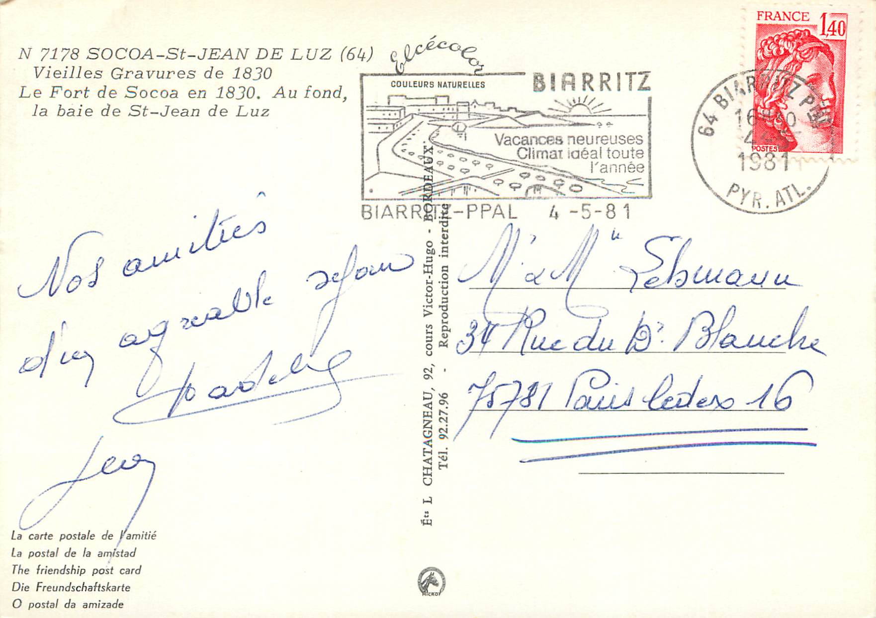 CPM Socoa St Jean de Luz Au fond la baie de St Jean de Luz  — Verso