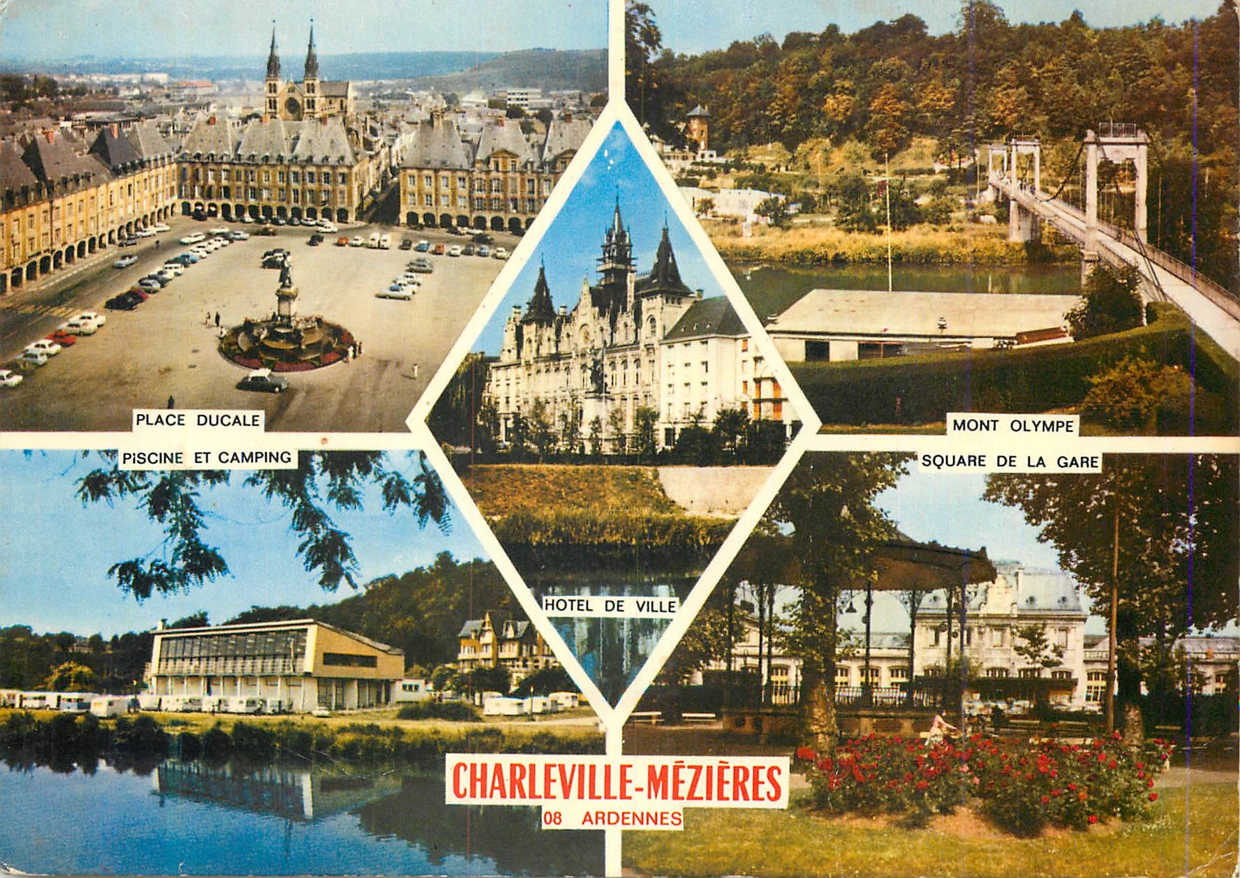 CPA Charleville Mezieres (Ardennes) Place Ducale Mont Olympe Hotel de ville Piscine et camping
