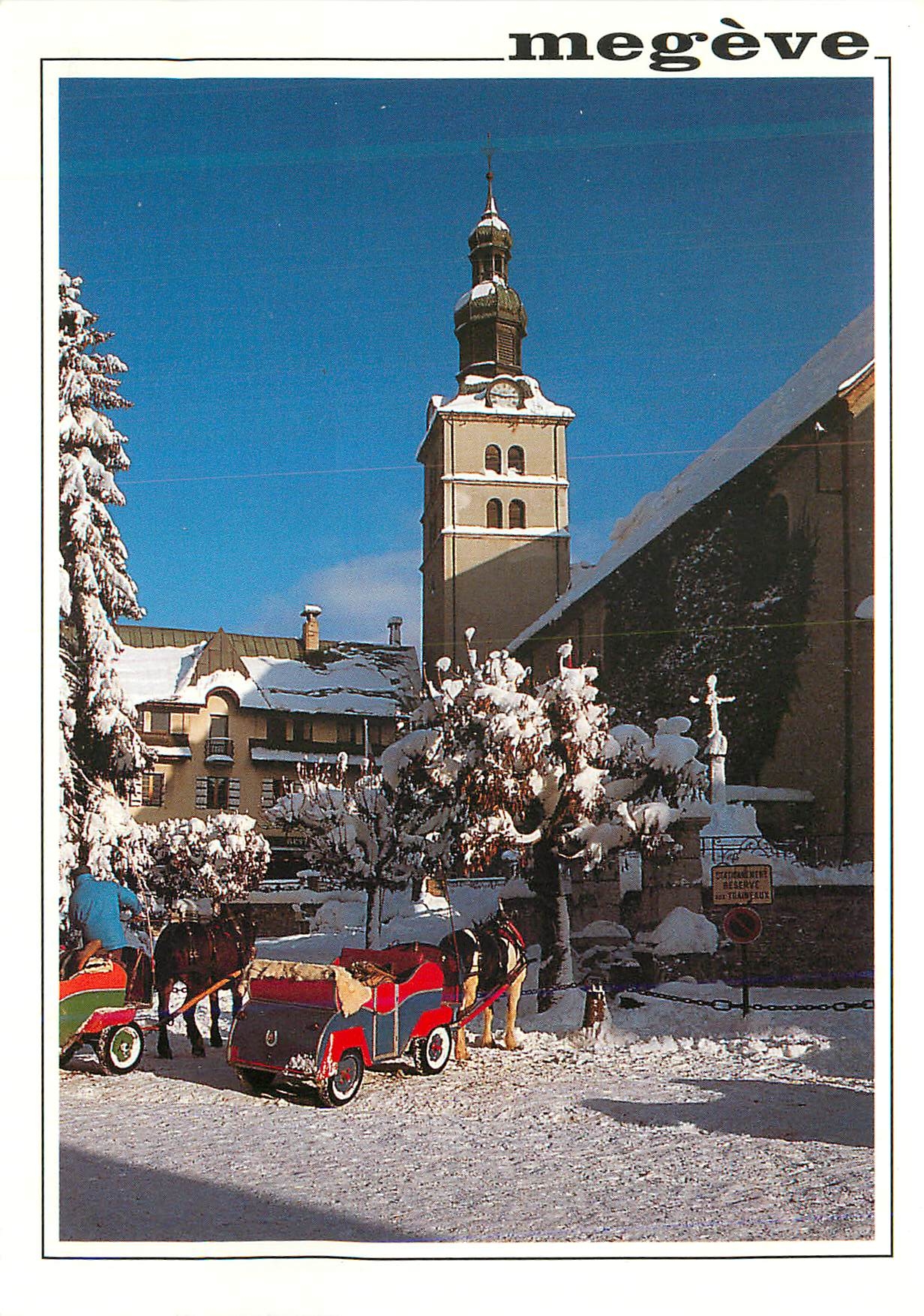 Megève — Vue hivernale avec traîneau et église — diffu-cartes 74120 V 1334