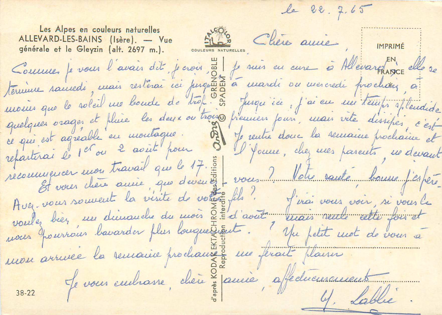 Allevard-les-Bains — Vue générale et le Gleyzin (alt. 2697 m.) — Éditeur Spade & Cie — Reverso