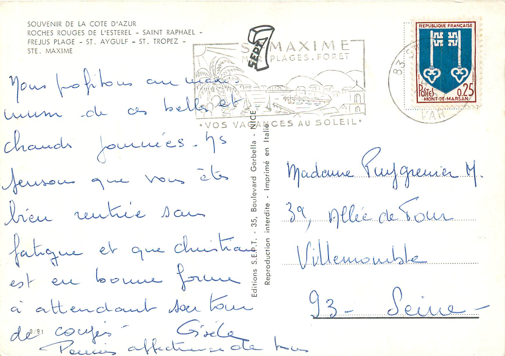 CPM Souvenir de la Cote d'Azur Roches Rouges de l'Esterel Saint Raphael Frejus Plage St Aygulf Ste Tropez St Maxime — Rückseite
