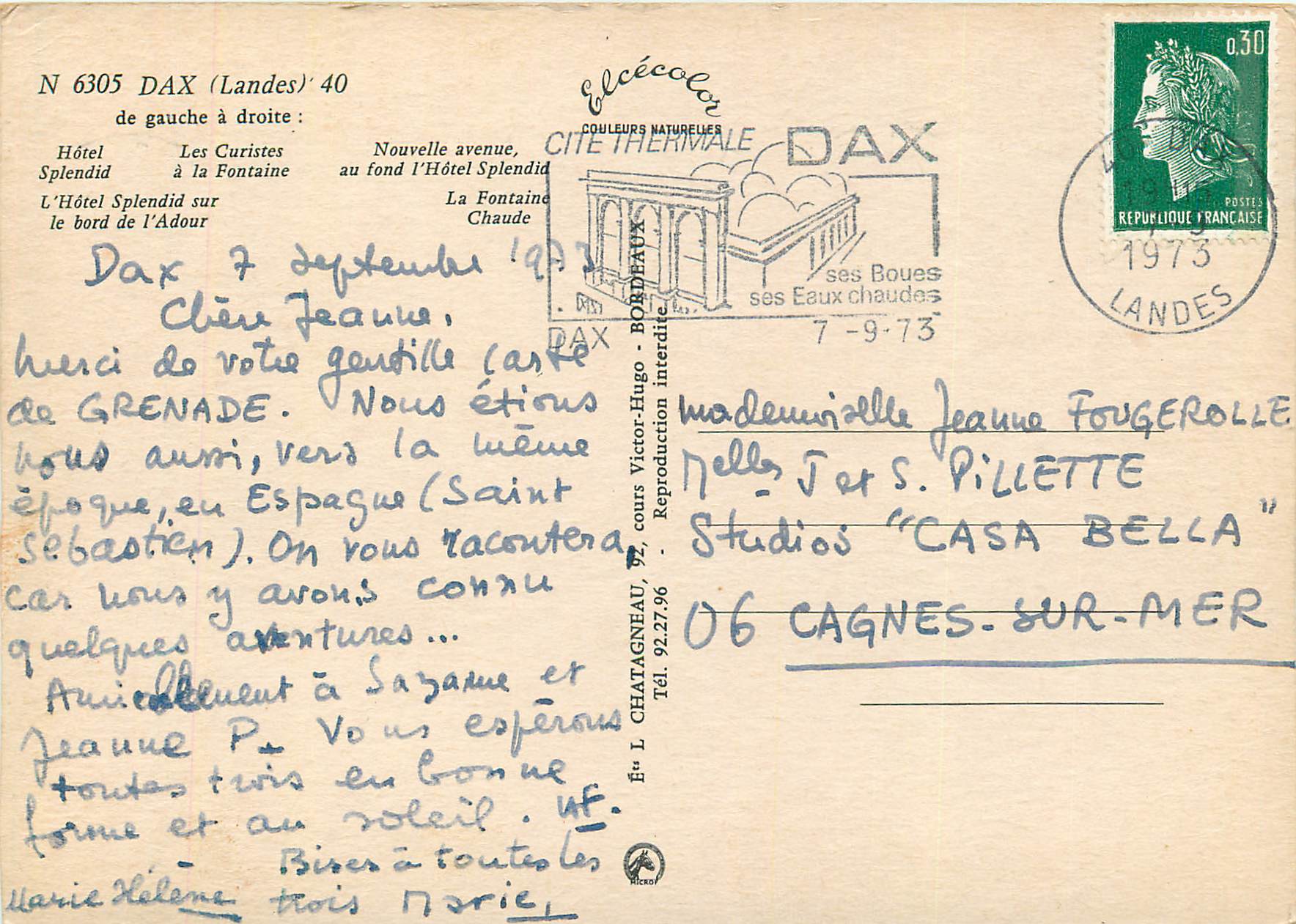 CPM Souvenir de Dax (Landes) Hotel Splendid Les curistes a la fontaine — Rückseite