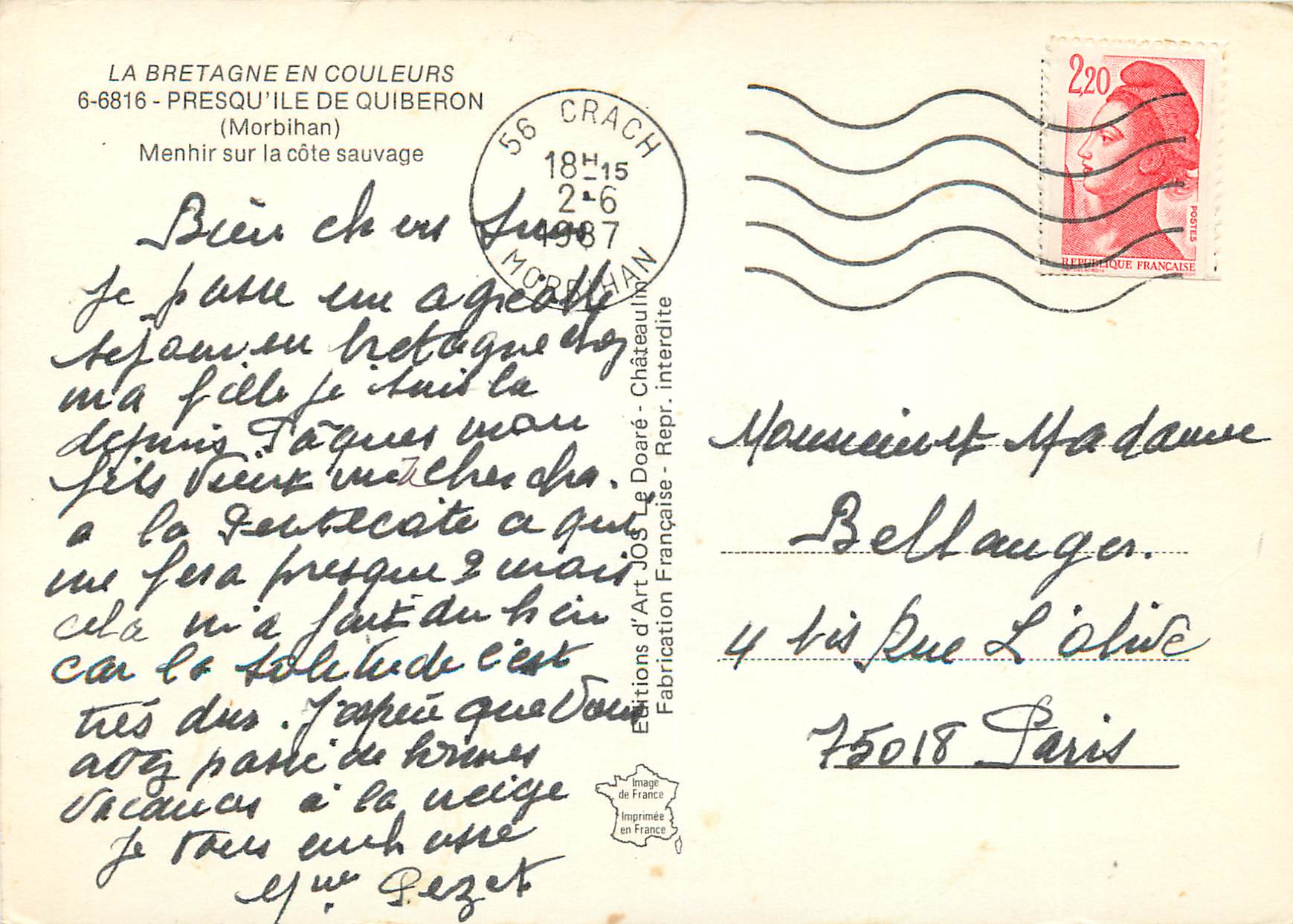 CPM Bretagne en Couleurs Presqu'Ile de Quiberon (Morbihan) — Rückseite