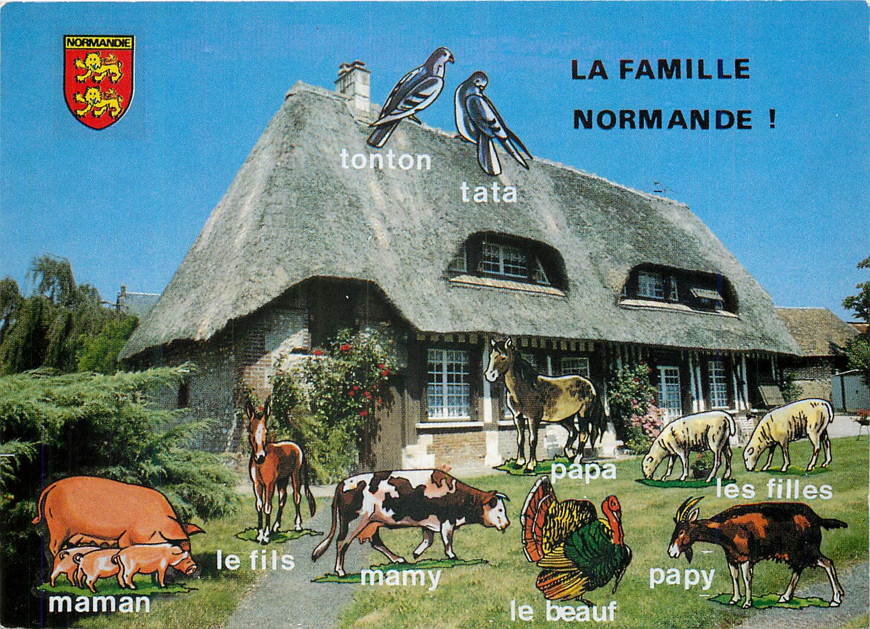 CPM La Famille Normande Cochon Porc Vache Chevre Cheval