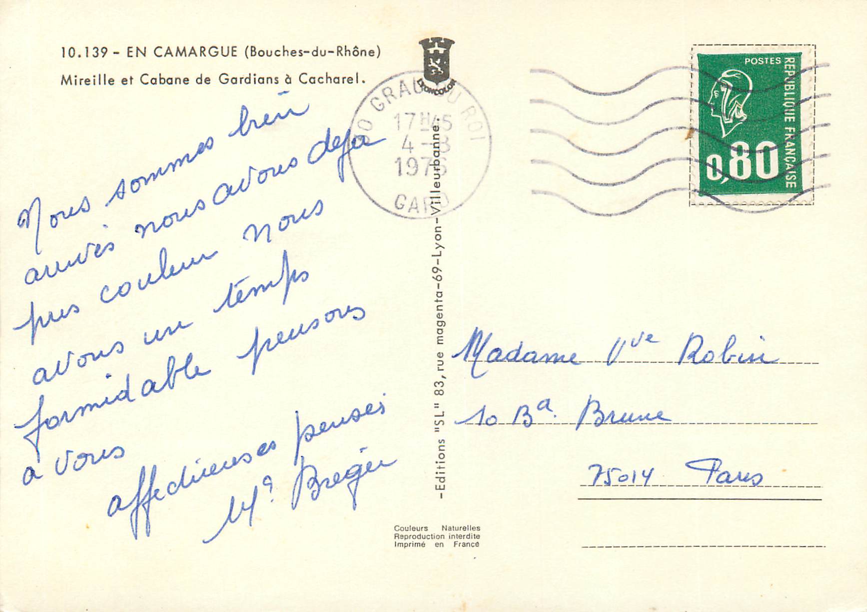 CPM En Camargue (Bouches du Rhone) Mireille et Cabane de Gardians a Cacharel — Rückseite