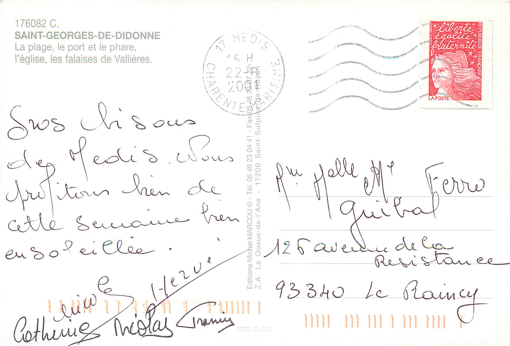 Saint-Georges-de-Didonne — plage, phare et église — Editions Michel MARCOU — Verso