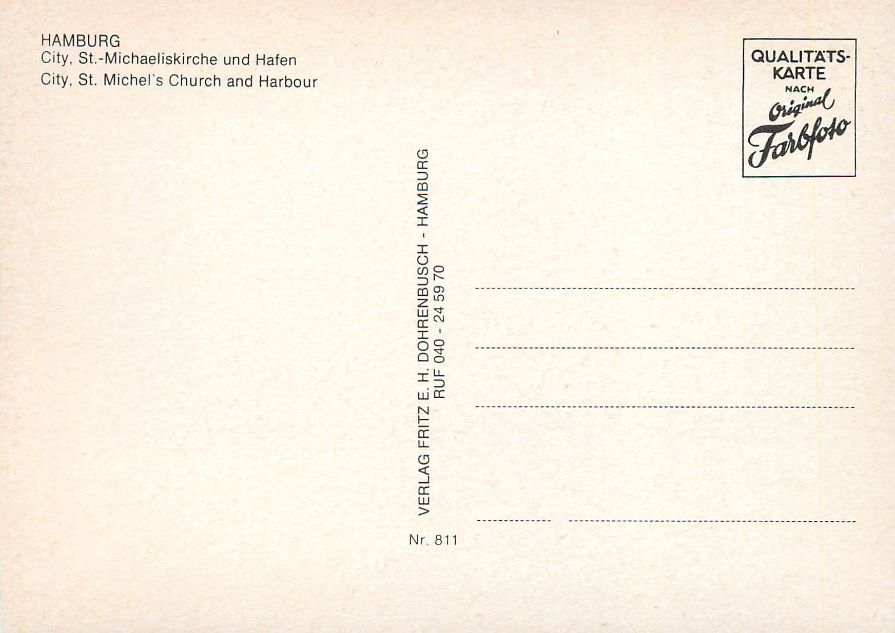 Hambourg — City, St.-Michaeliskirche und Hafen — Verlag Fritz E.H. Dohrenbusch, Nr. 811 — Rückseite