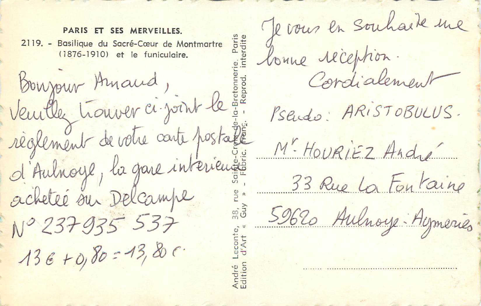 CPM Paris et ses Merveilles Basilique du Sacre Coeur de Montmartre (1876 1910) et le Funiculaire — Rückseite