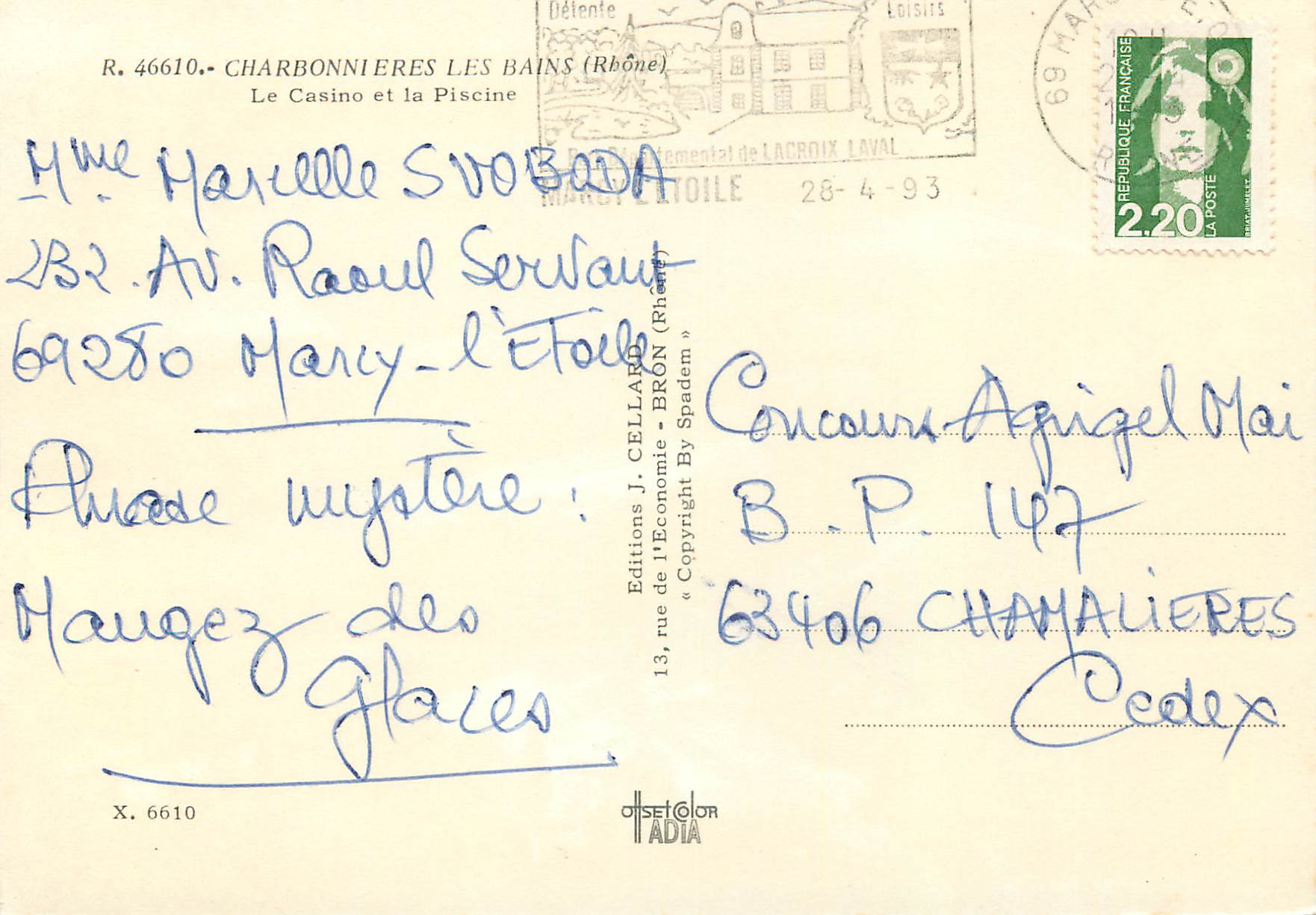 Charbonnières-les-Bains — Le Casino et la Piscine — Éditions J. Cellard — Verso