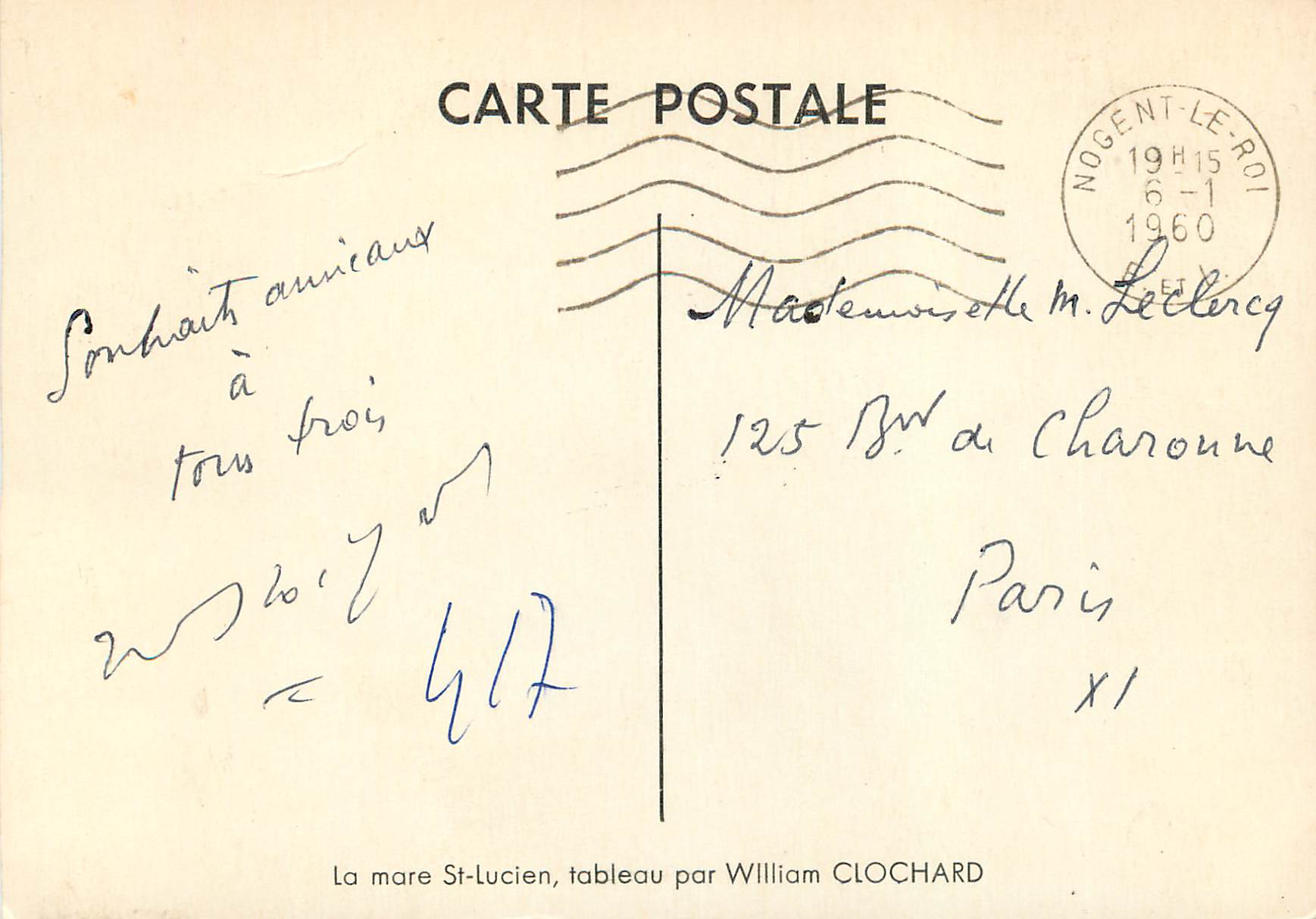 CPM La Mare St Lucien Tableau par William Clochard — Verso