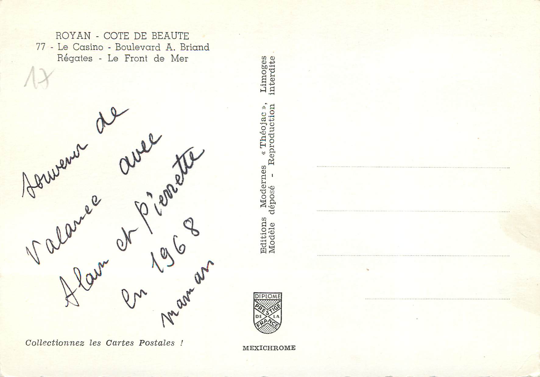 CPM Royan Cote de Beaute Le Csino Bouleard A Briand Regales Le Front de Mer — Back
