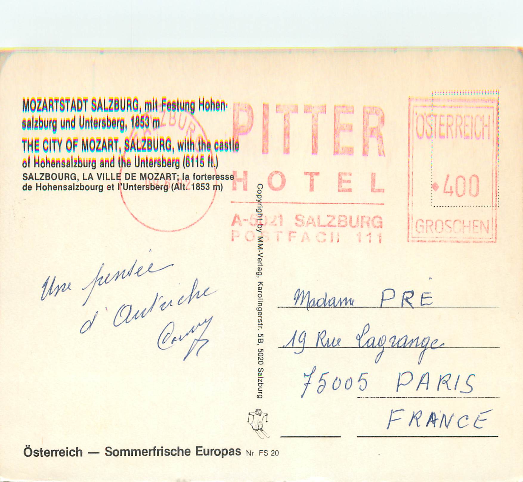 CPM Salzbourg La ville de Mozart La Forteresse de Hohensalzbourg et l'Untersberg (Alt 1863 m) — Rückseite