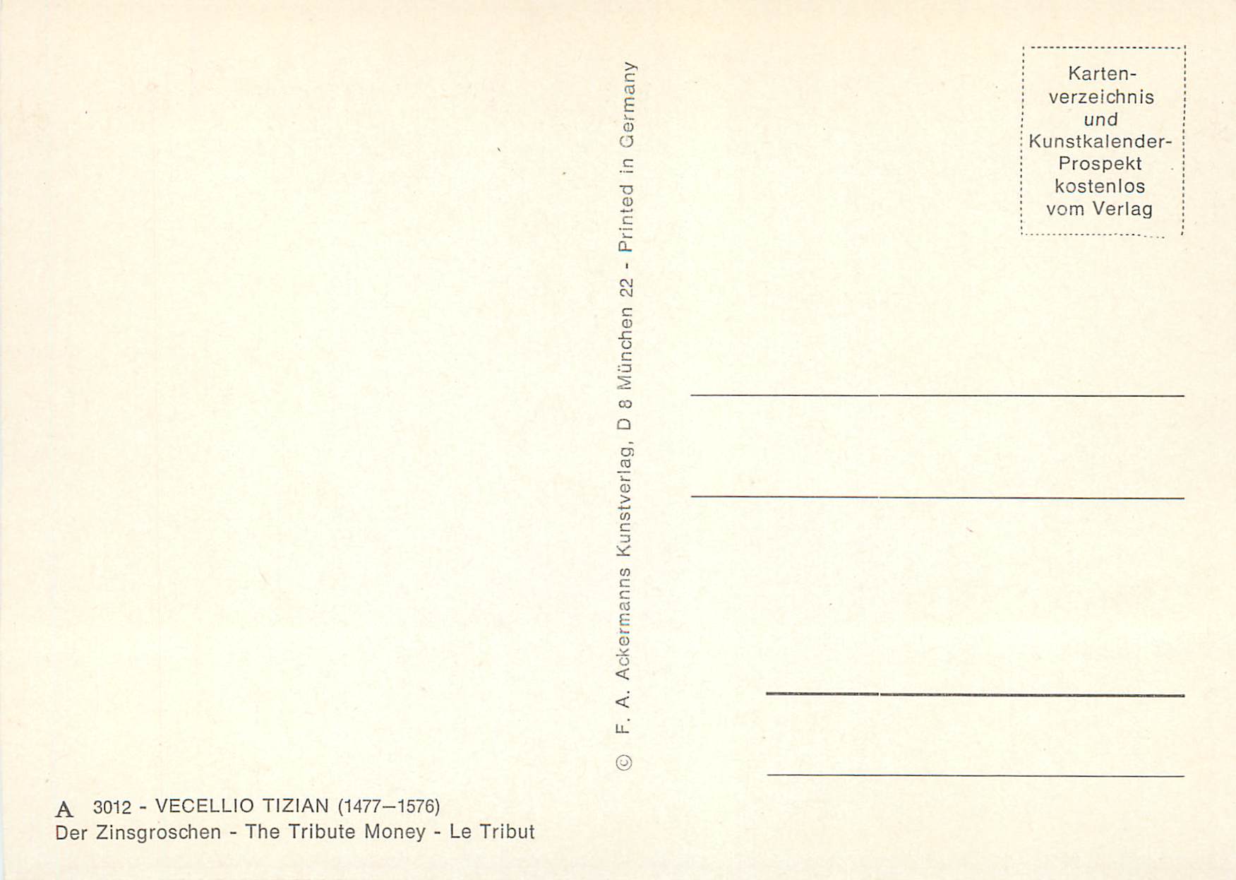 CPM Vecellio Tizian (1477 1576) Der Zinsgroschen The Tribute Money Le Tribut — Verso