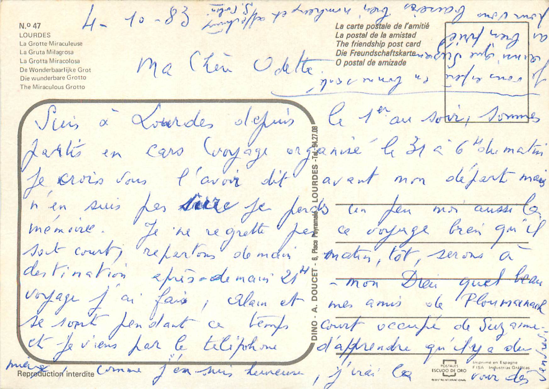 CPM Lourdes La Grotte Miraculeuse — Verso