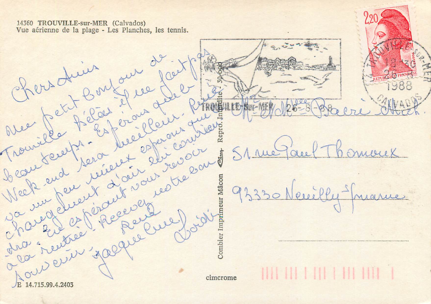 CPM Trouville sur Mer (Calvados) Vue Aerienne de la Plage Les Planches Les Tennis — Verso