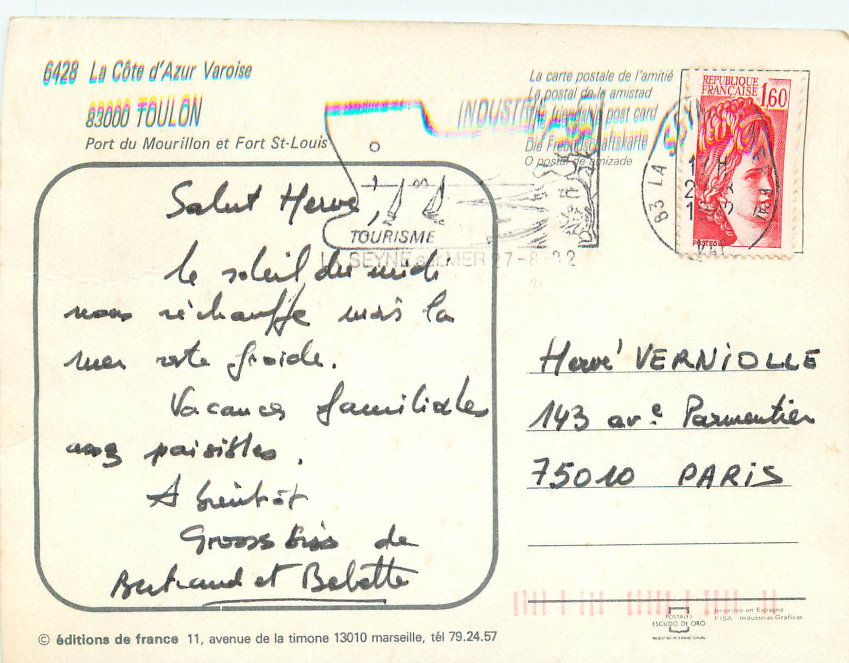 CPM La Cote d'Azur Varoise Toulon Port du Mourillon et Fort St Louis — Rückseite