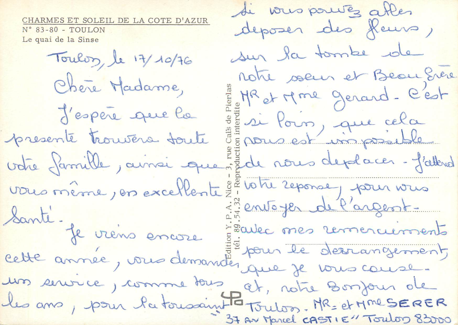 CPM Toulon Le Quai de la Sinse Charmes et Soleil de la Cote D'Azur — Verso