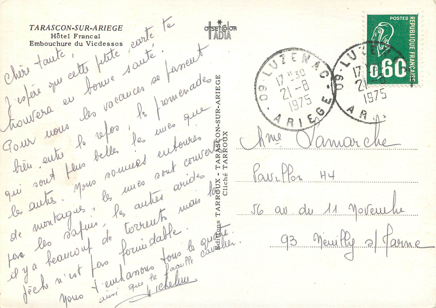 CPM Tarascon Sur Ariege Hotel Francal Embouchure du Vicdessos — Rückseite