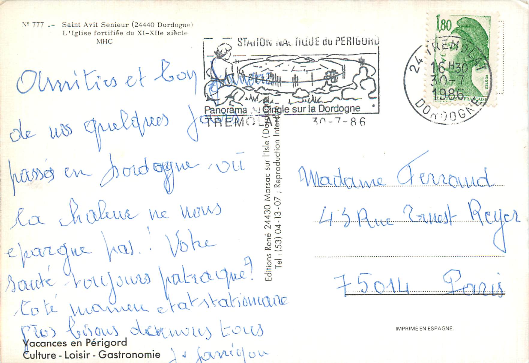 CPM Saint Avit Sonieur (Dordogne) L'Eglise Fortifiee du XI XIIe Siecles) Perigord — Rückseite
