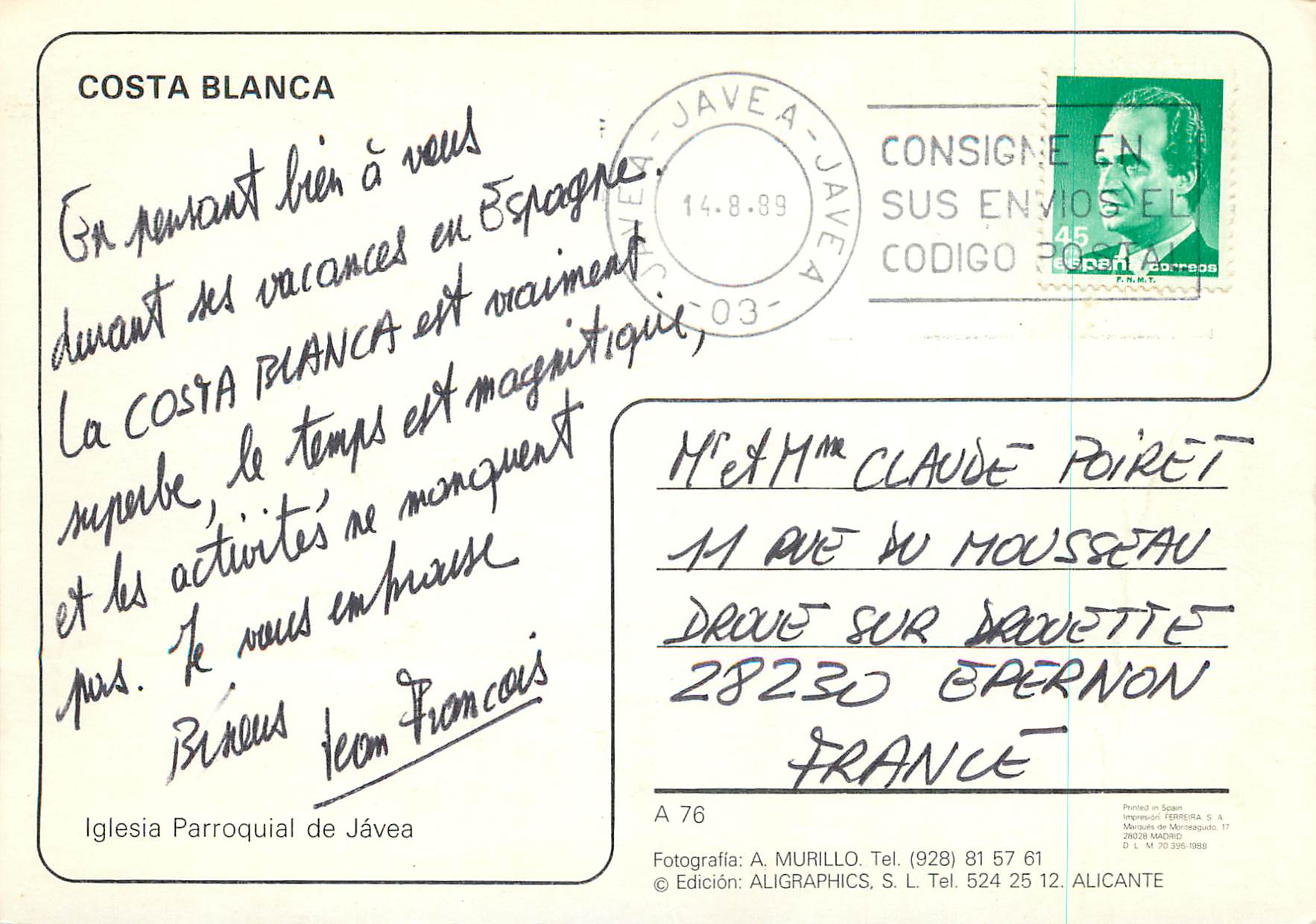 CPM Costa Blanca Iglesia Parroquial de Javea — Rückseite
