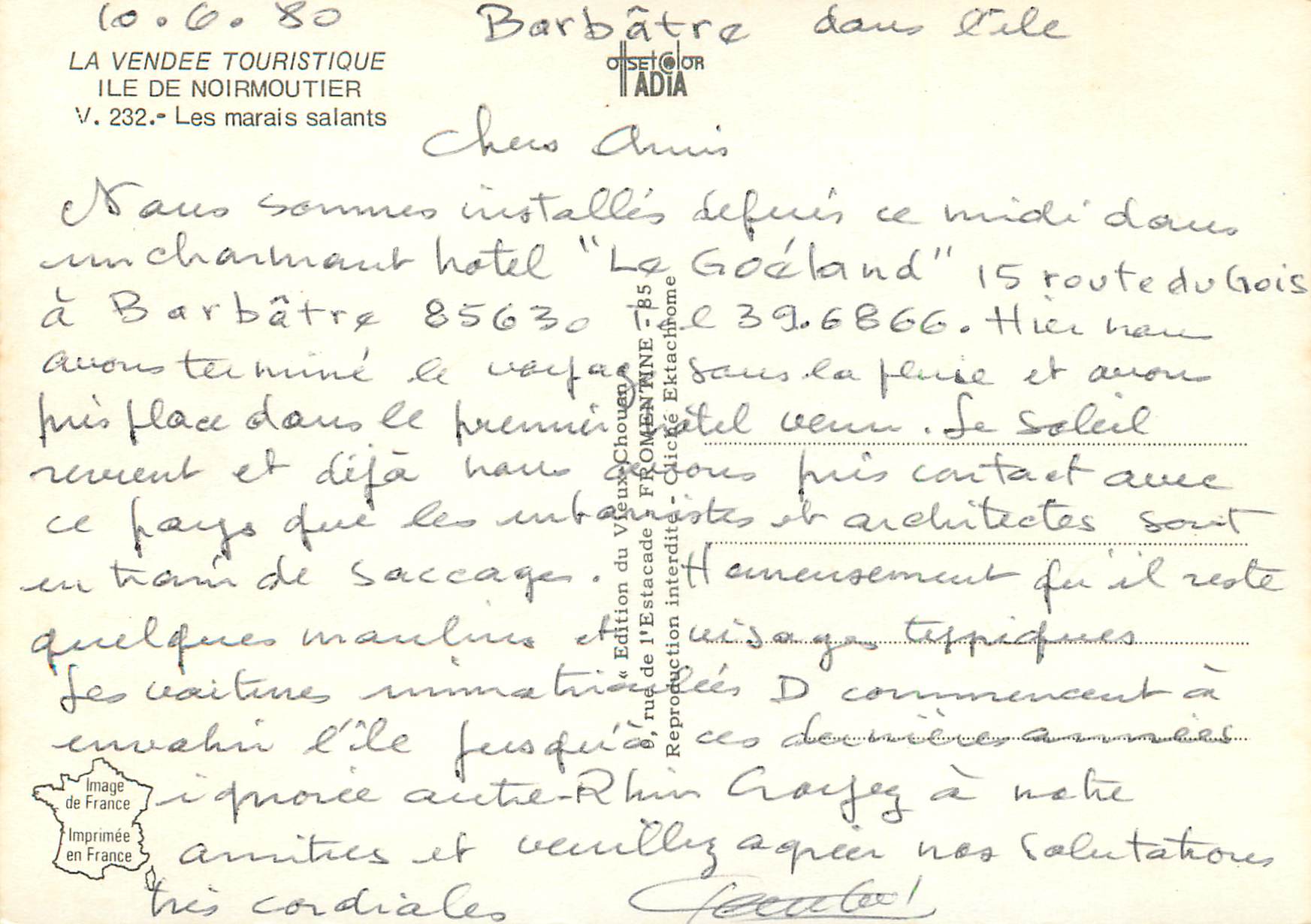 CPM La Vendee Touristique Ile de Noirmoutier Les Marais Salants — Rückseite