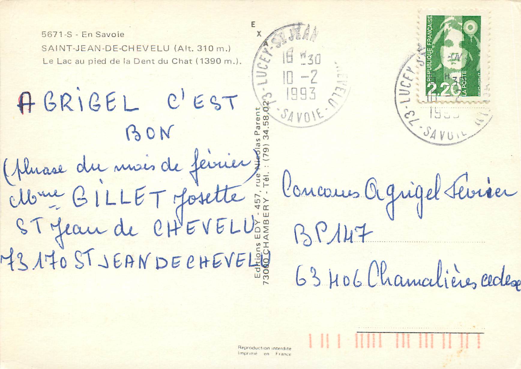 CPM En Savoie Saint Jean de Chevelu (Alt 310 m) Le Lac au Pied de la Dent du Chat (1390 m) — Rückseite