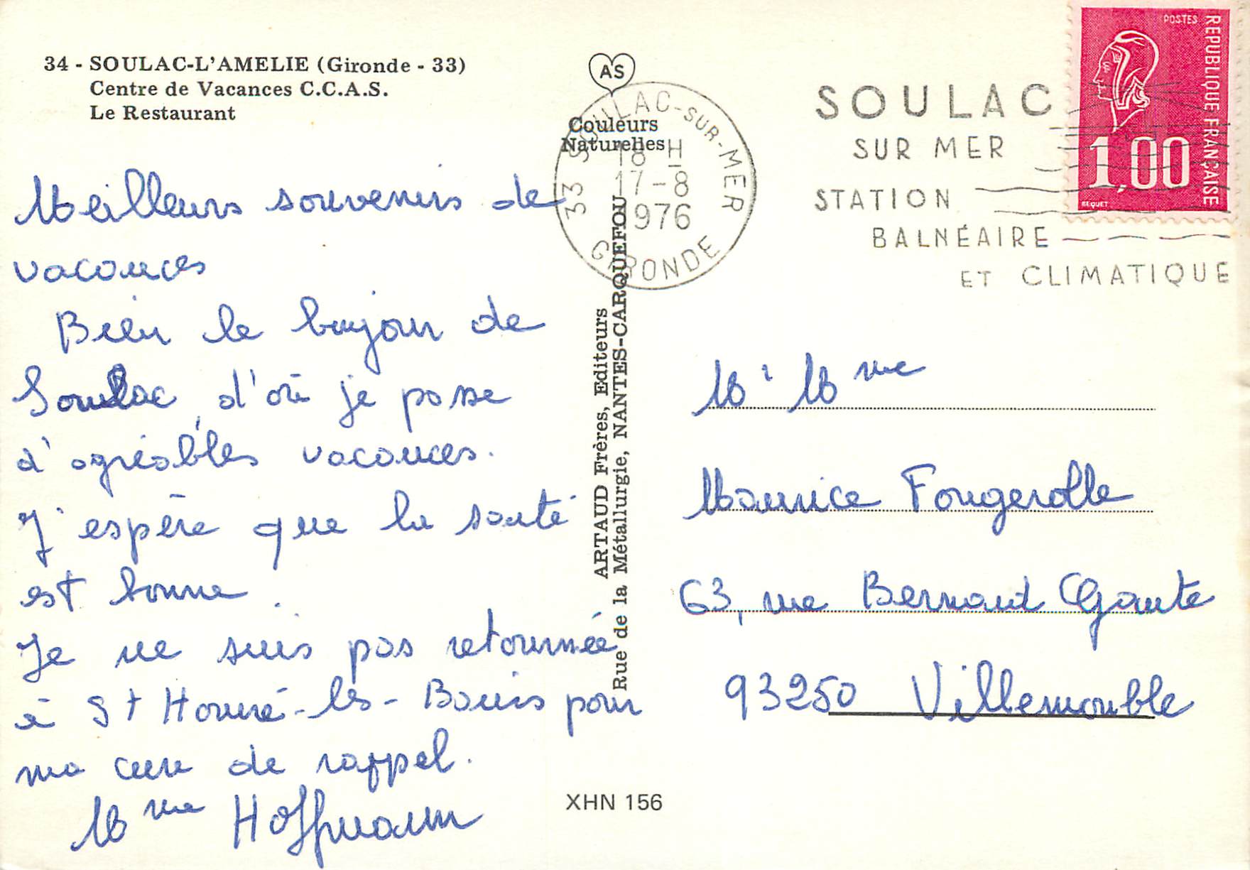 CPM Soulac L'Amelie (Gironde) Centre de Vacandes CCAS Le Restaurant — Rückseite