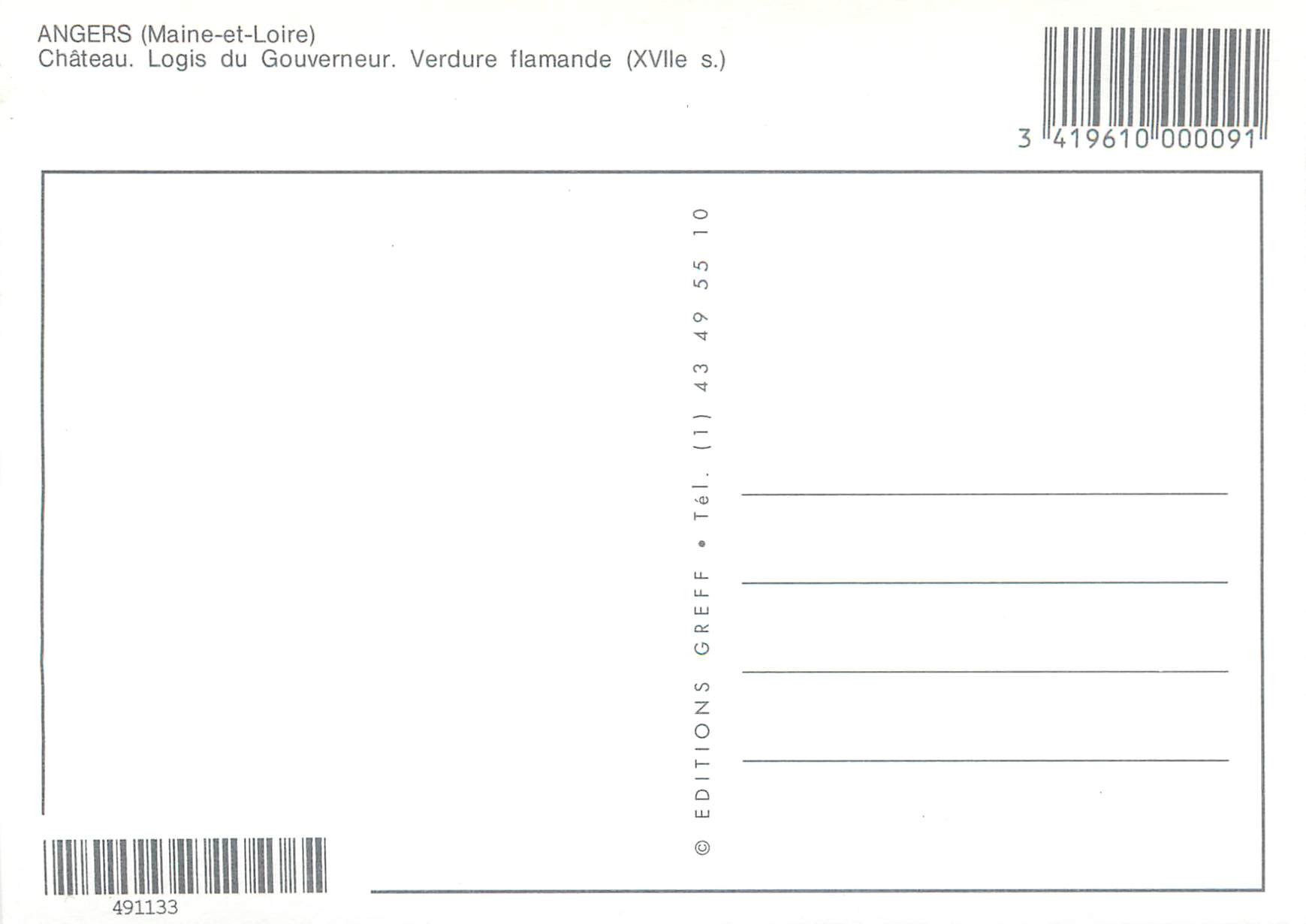CPM Angers (Maine et Loire) Chateau Logis du Gouverneur Verdure Flamande (XVIIe S) — Rückseite