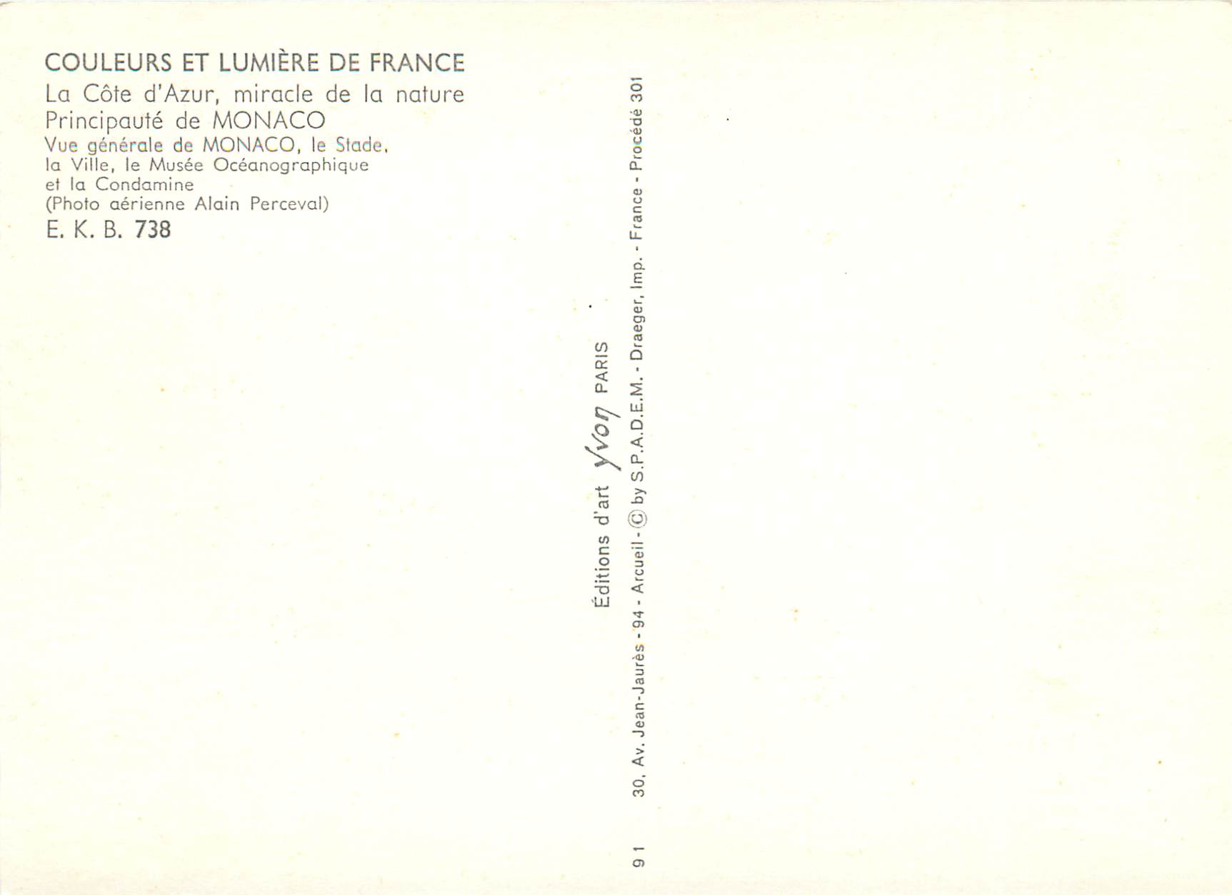 Monaco — General view of the city and the Oceanographic Museum — Éditions d'art Yvon, Paris — Back