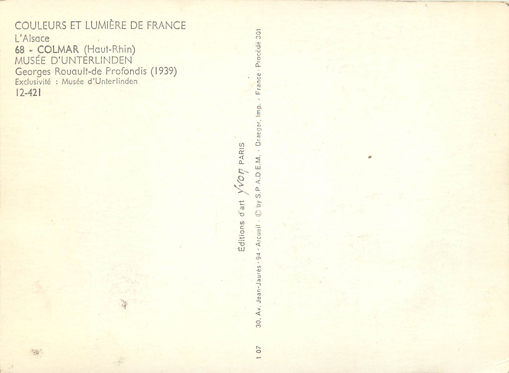 CPM L'Alsace Colmar (Haut Rhin) Musee d'Unterlinden Georges Rouault de Profondis (1939) Musee d'Unterlinden — Rückseite