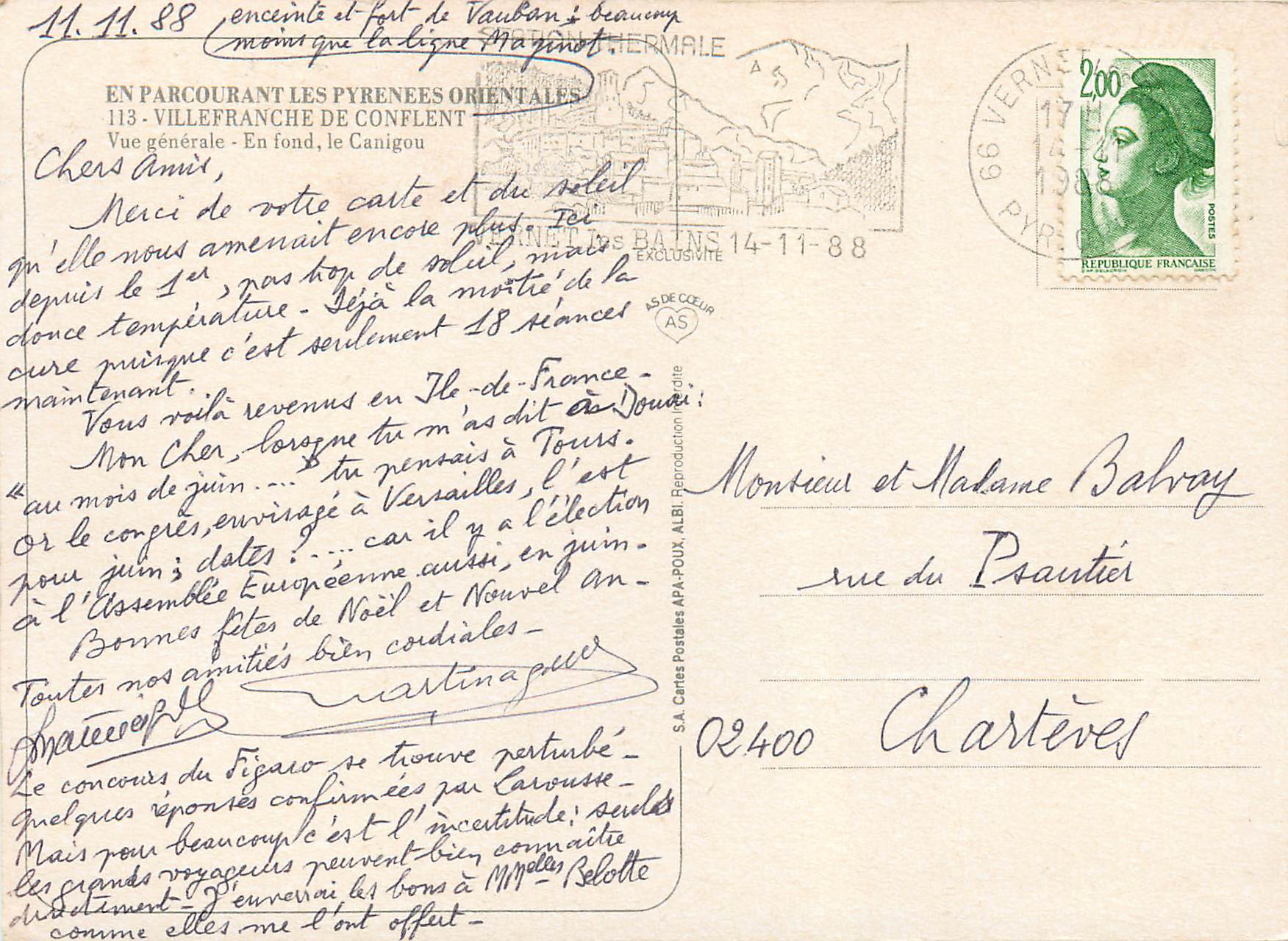 CPM Villefranche de Conflent (Les Pyrenees Orientales) Vue Generale En fond Le Canigou — Rückseite